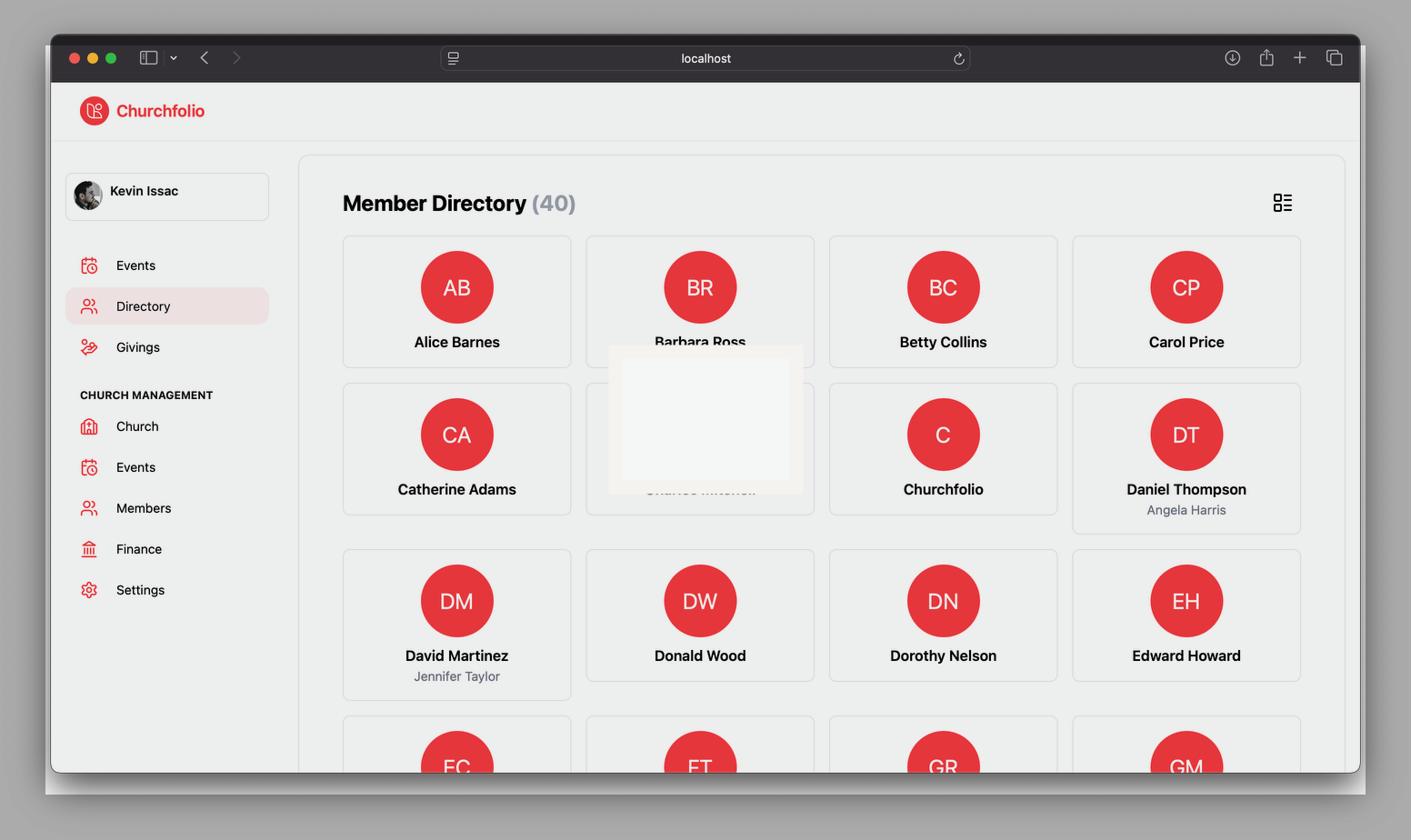Another CHMS iteration — a member directory with a sidebar admin layout