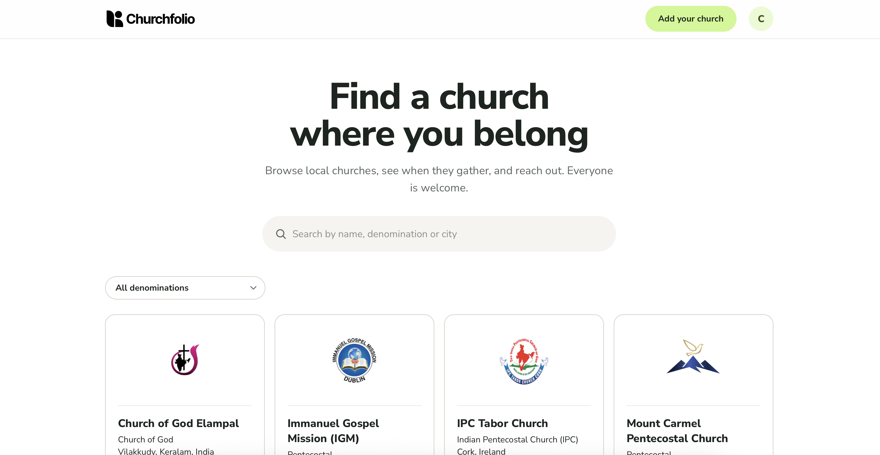 Churchfolio homepage — Find a church where you belong