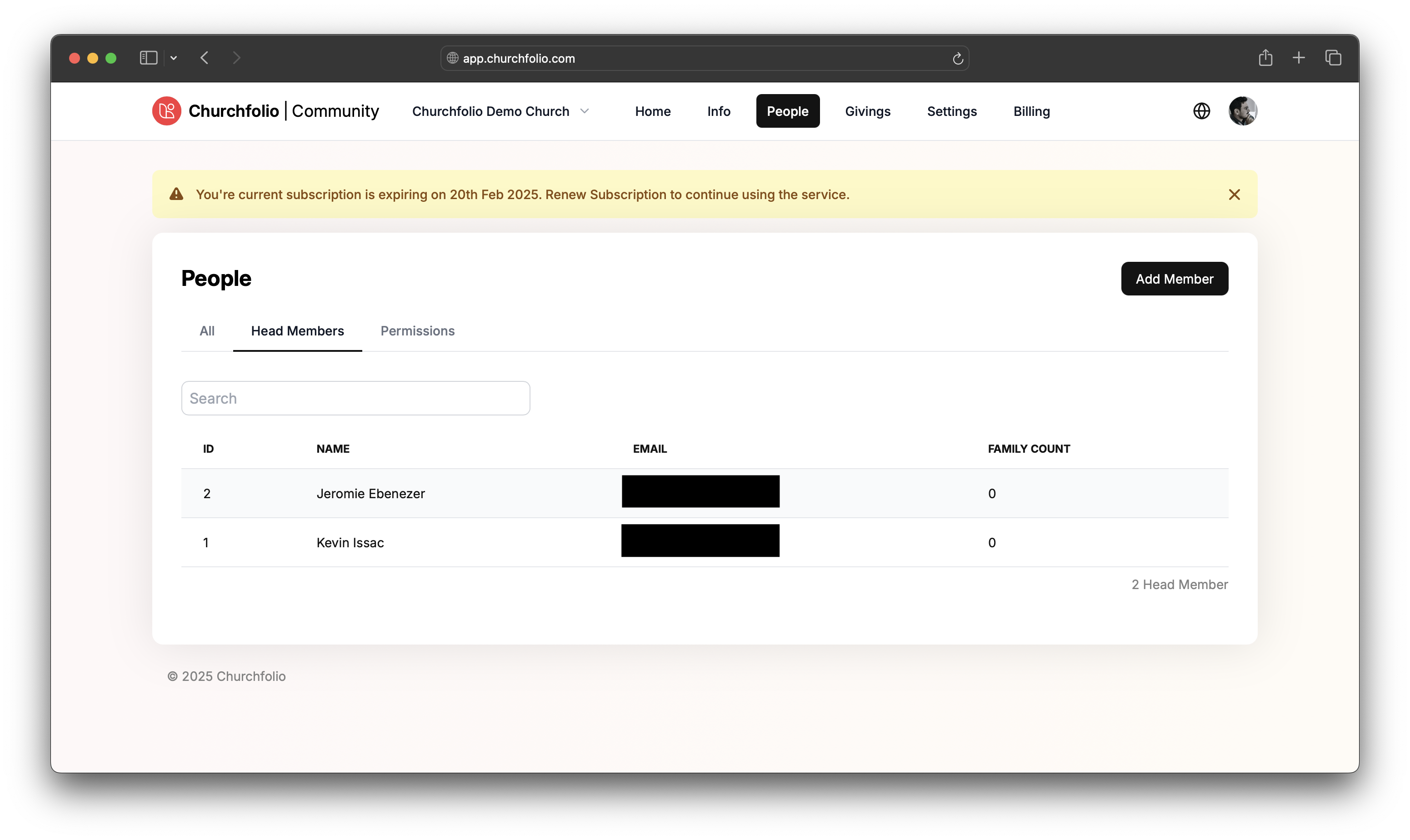 An early Churchfolio CHMS iteration — a People page listing head members